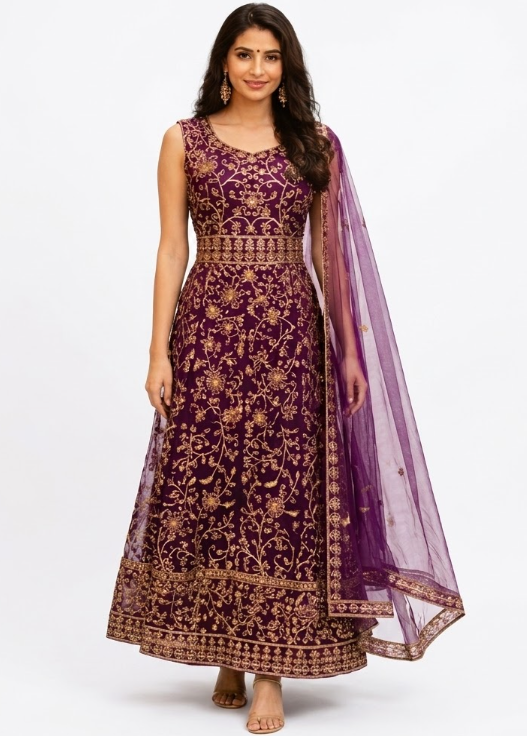 Majestic Plum Blossom: Intricately Embroidered Royal Purple Anarkali