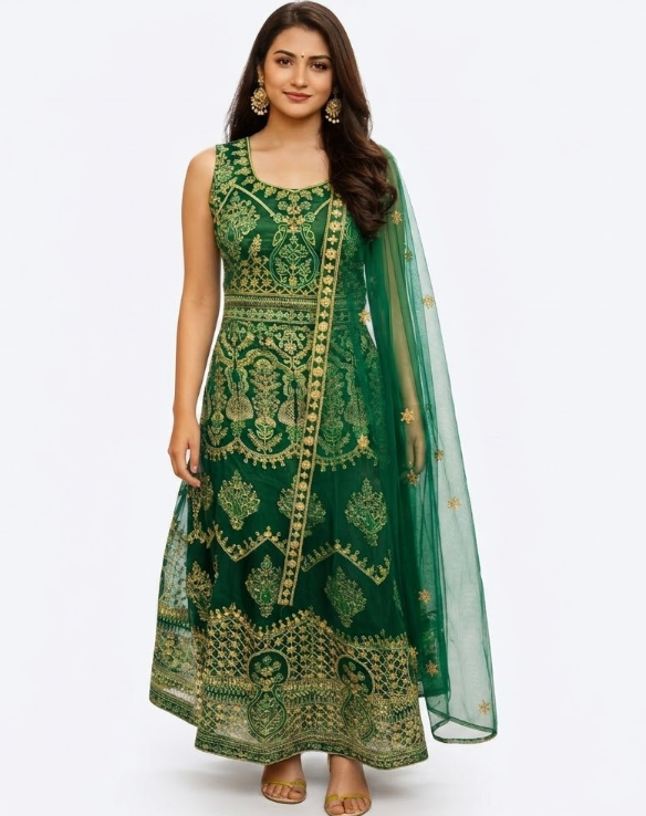 Regal Emerald Harvest: Exquisite Gold-Embroidered Anarkali Gown with Sheer Dupatta