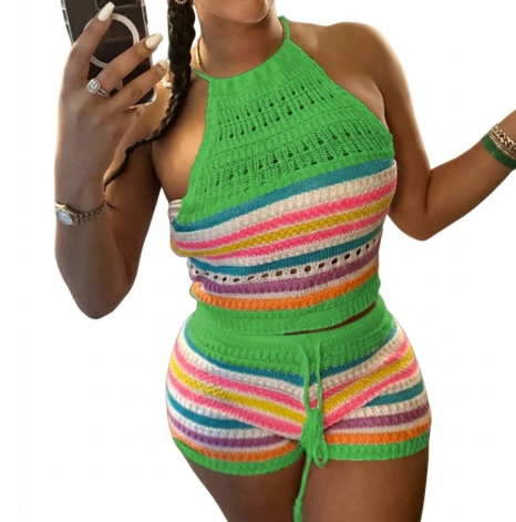 Multi-Color Striped Crochet Two-Piece Set Size XXL