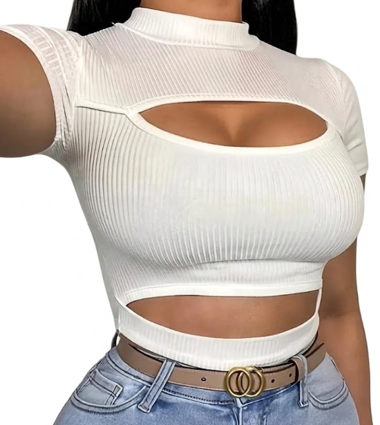 Ribbed Mock Neck Double Cut-Out Crop Top Size XXL