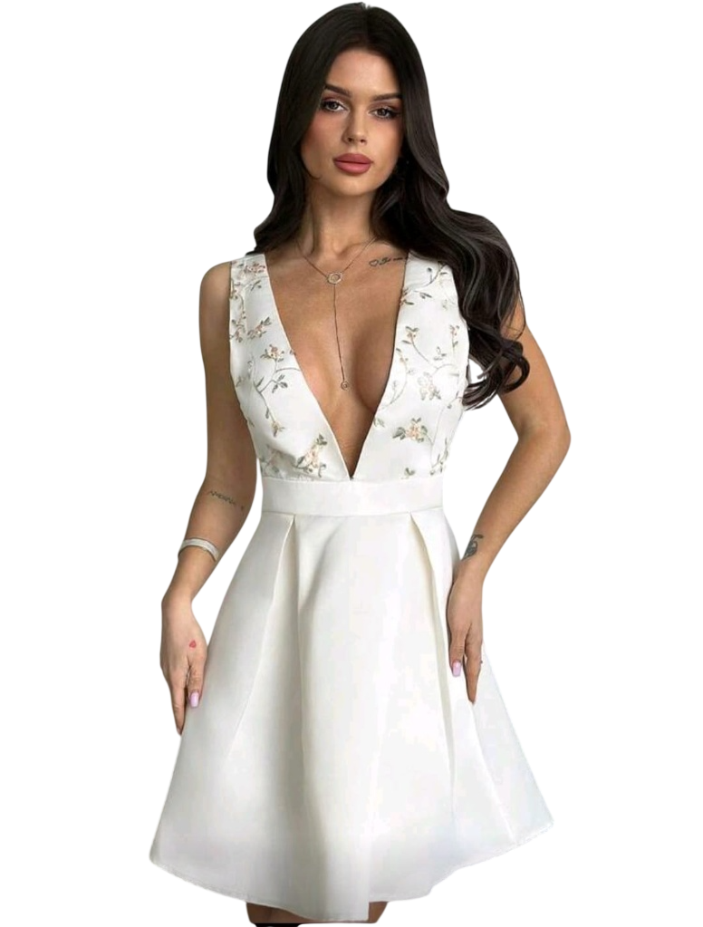 Ivory Botanical Plunge Mini Dress Size Large