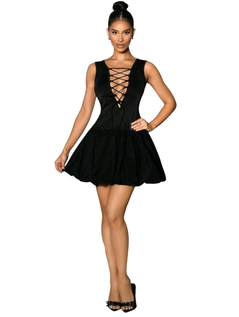 Black Lace-Up Front Mini Dress Size Small