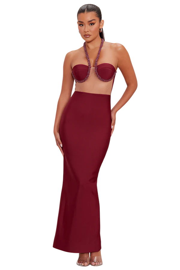 Wine Red Embellished Underwire Maxi Gown Size Medium