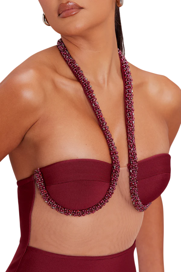 Wine Red Embellished Underwire Maxi Gown Size Medium