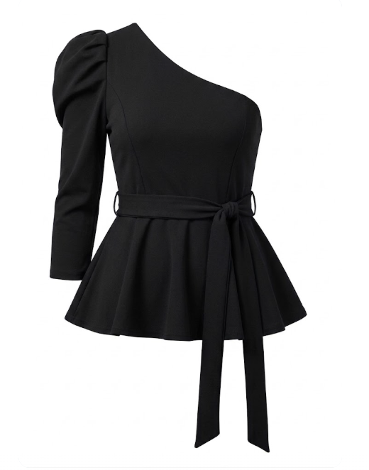Elegant One-Shoulder Peplum Belted Top Size Large