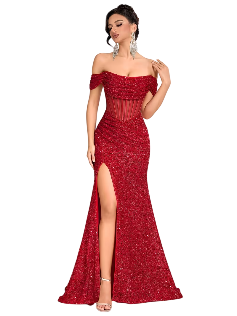 Red Sequin Off-Shoulder Gown with Corset Dress Size Medium