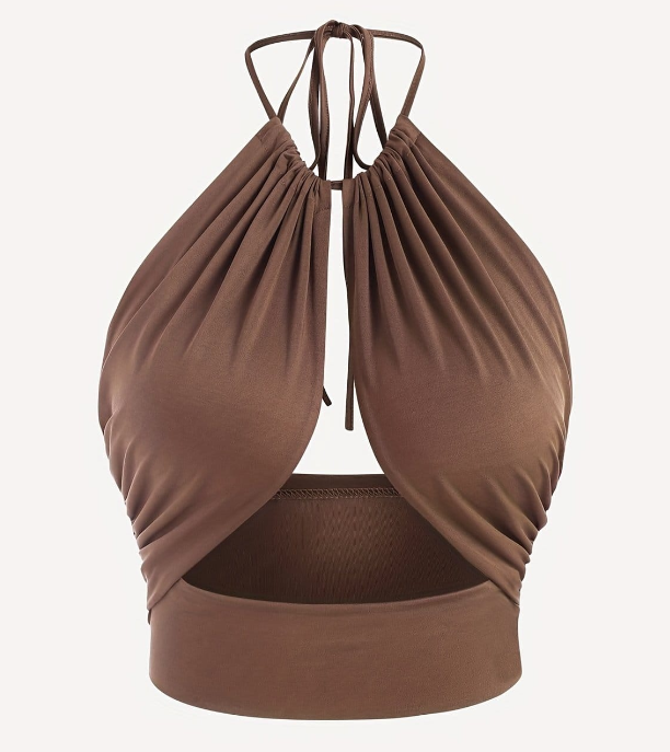 Mocha Halter Cut-Out Crop Top Size Large