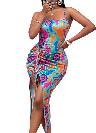 Abstract Multi-Color Ruched Maxi Dress - Size XL