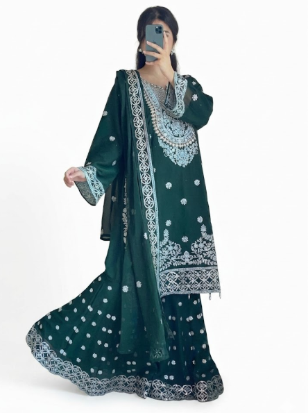 Emerald Green & Silver Embroidered Indian Sharara Set — Size Small
