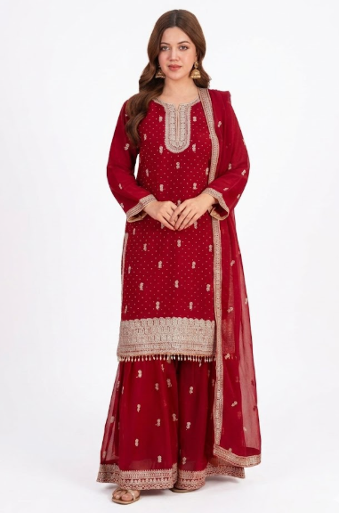 Royal Maroon & Gold Embroidered Indian Pant Suit Set — Large