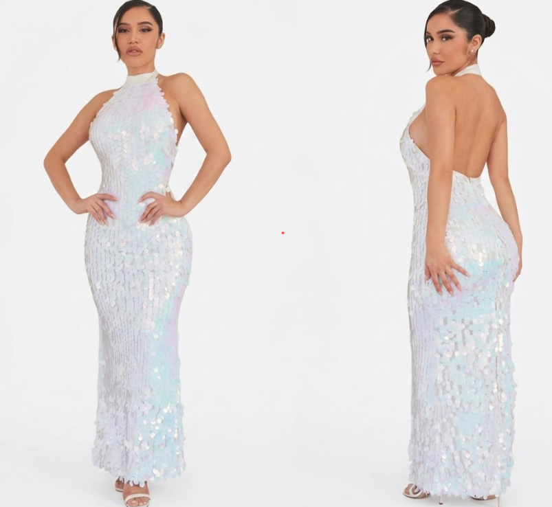 Glamour High-Neck Backless Sequin Gown - Small