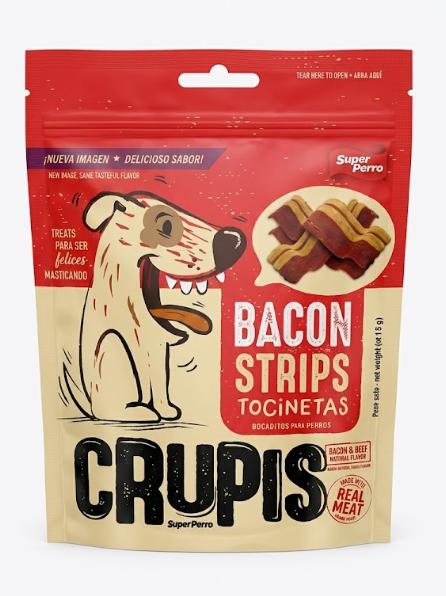 Super Perro Crupis Bacon Strips Dog Treats – Bacon & Beef Flavor (91g)