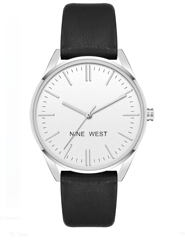 Nine West Women's Silver-Tone and Black Strap Watch