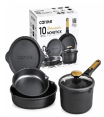 Carote 10pc Nonstick Cookware Set with Detachable Handle - Black