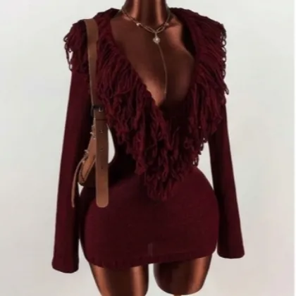 Verona Fringe Deep V-Neck Knit Mini Dress - L