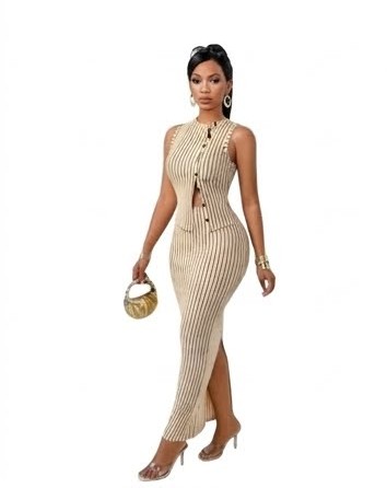 Riviera Striped Button-Up Vest & Maxi Skirt 2-Piece Set - XS