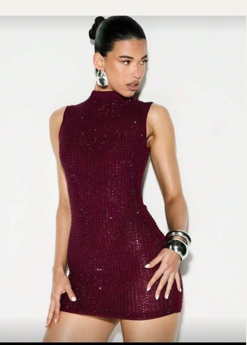 Burgundy Rhinestone Mock Neck Mini Dress - Sparkly Sleeveless Bodycon Party Dress- S
