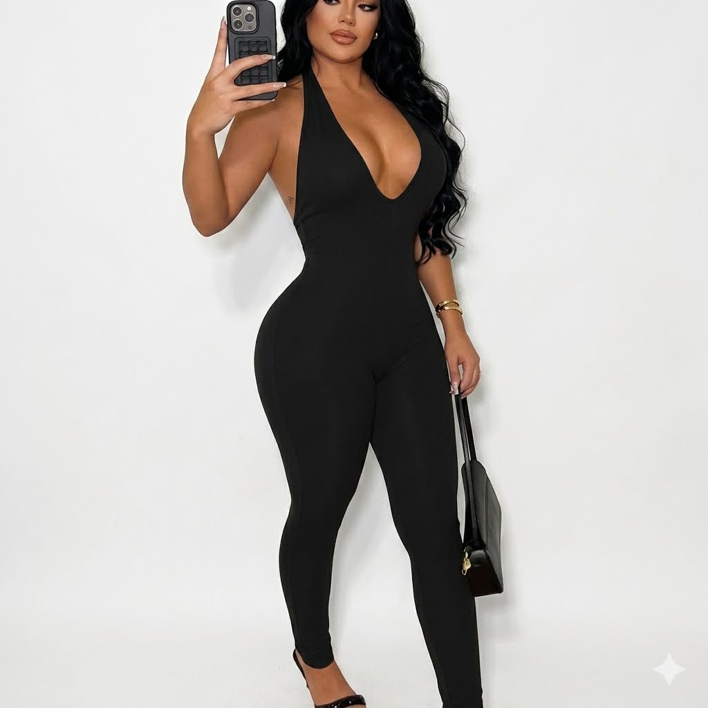 Raven Contour Ribbed Backless Halter Jumpsuit- M