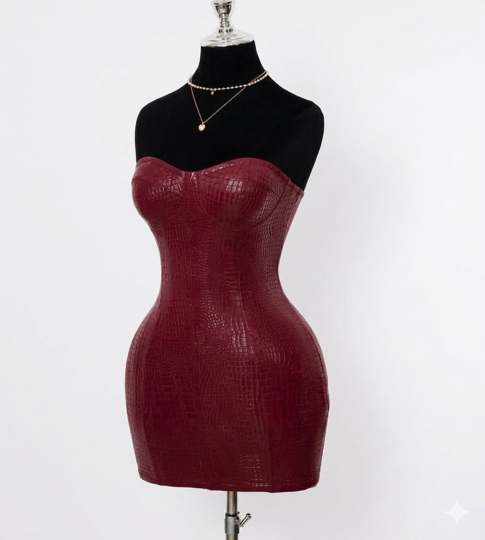Valencia Croc-Embossed Faux Leather Mini Dress - Burgundy /XS