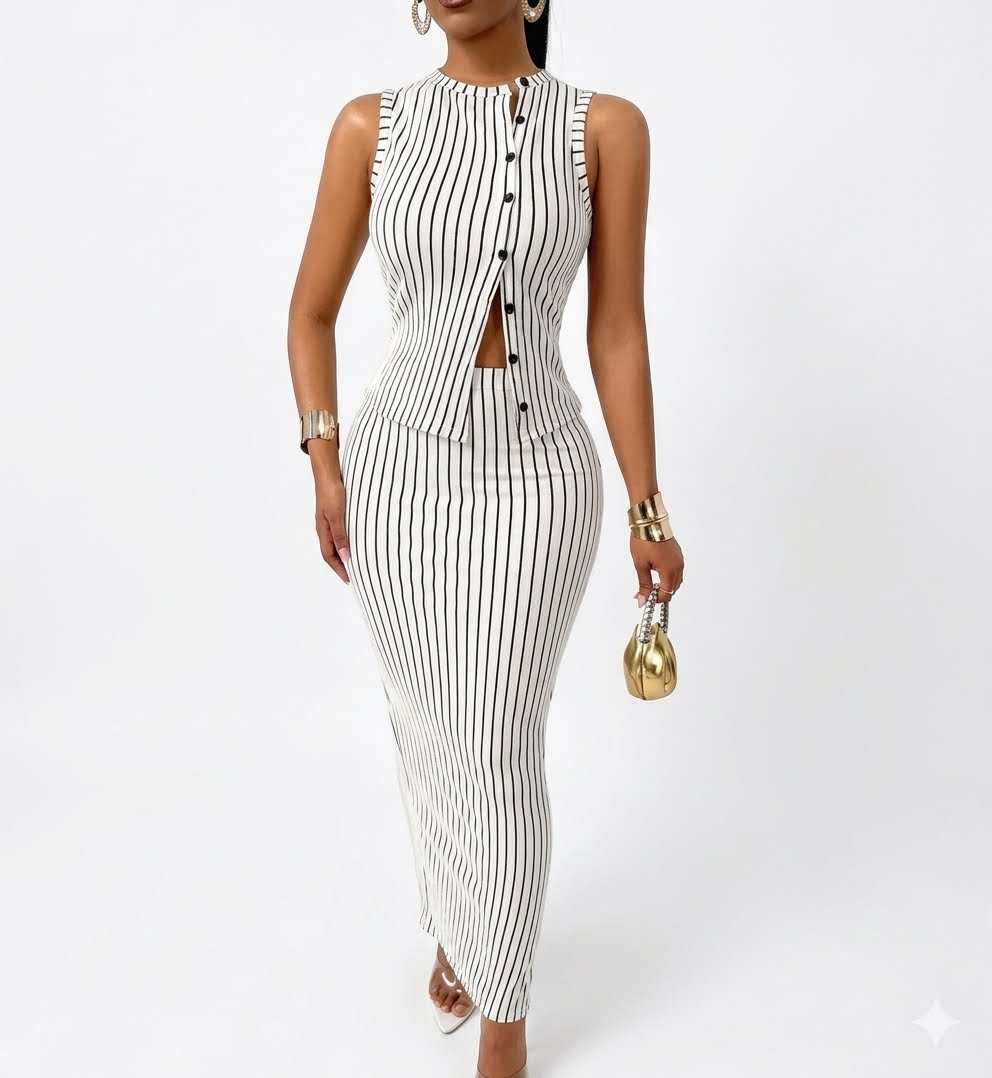 Riviera Striped Button-Up Vest & Maxi Skirt 2-Piece Set - White/Black - M