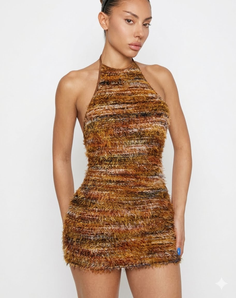 Vintage-Inspired Textured Halter Bodycon Mini Dress in Multi-Brown- M