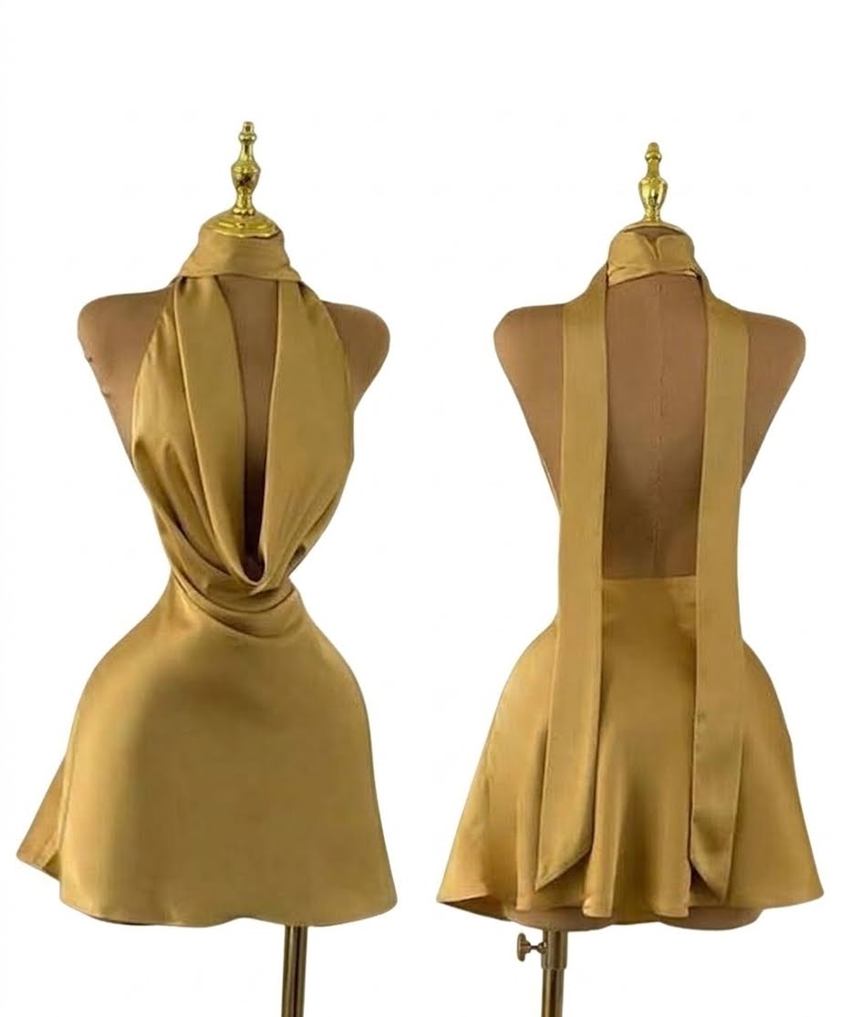Gold Satin Halter Neck Mini Dress with Low Back & Scarf Ties- S