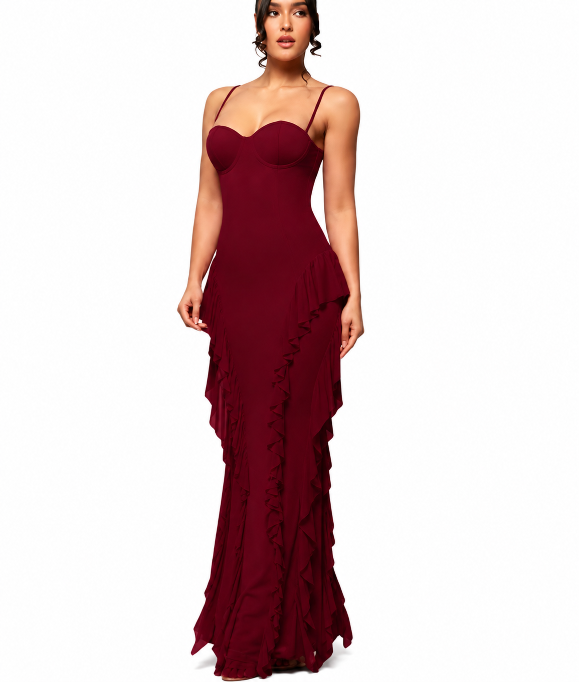 Wine Red Cascading Ruffle Maxi Dress - Spaghetti Strap Bodycon Prom Dress-XS