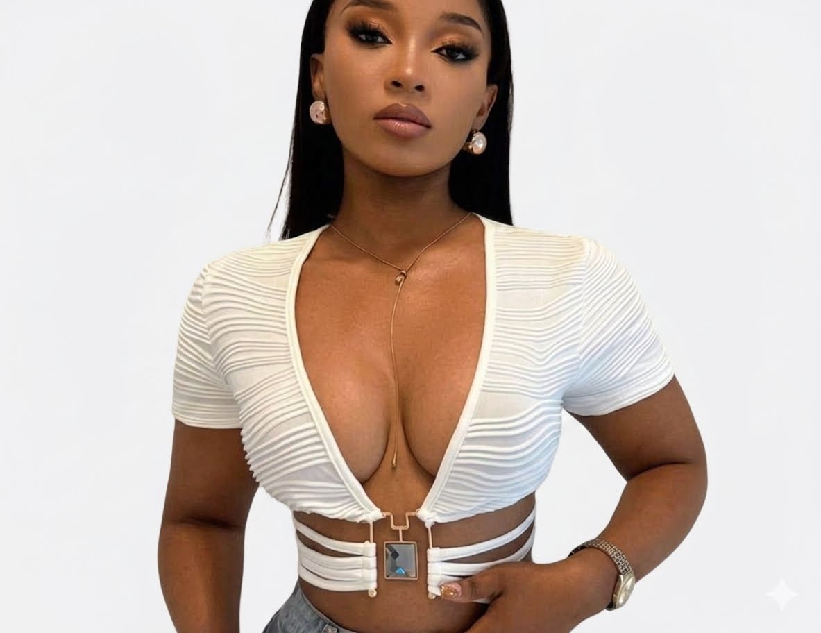 Deep V-Neck Ribbed Crop Top with Multi-Strap Cutout & Metal Detail