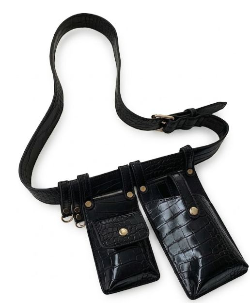 Chic Black Croc-Embossed Double Pouch Belt Bag