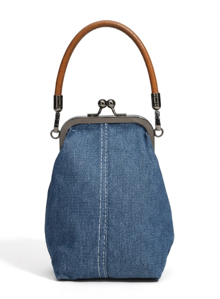 Vintage Denim Kiss-Lock Handbag with Faux-Wood Top Handle
