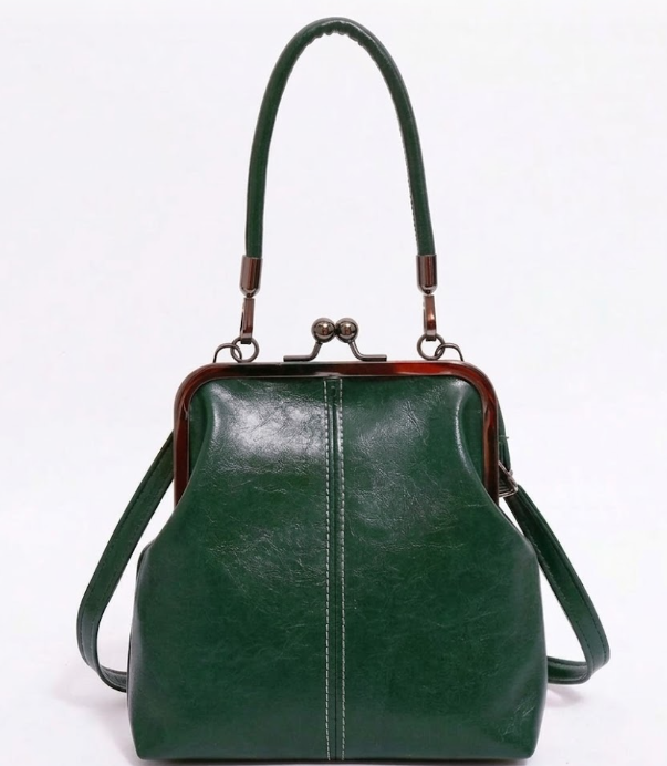 Vintage Emerald Green Kiss-Lock Handbag with Faux-Wood Top Handle