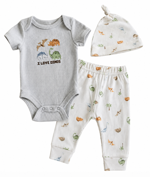 3-Piece Baby Boys "I Love Dinos" Ribbed Onesie, Pants, and Beanie Hat Set