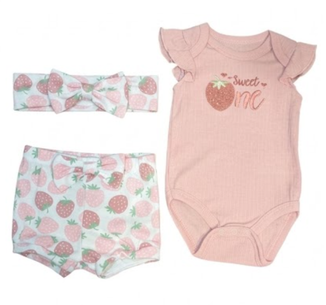Duck-Duck Goose Baby Girls 3-Piece "Sweet One" Ribbed Bodysuit, Strawberry Bloomers & Headband Set