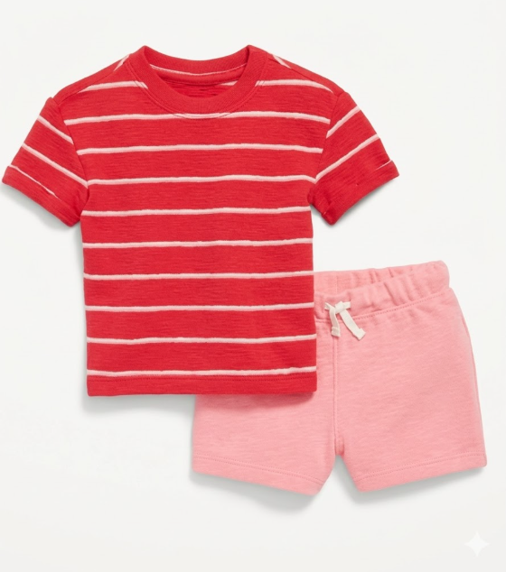 Old Navy Infant Girls 2-Piece Red Striped Short Set (Size 3-6M)