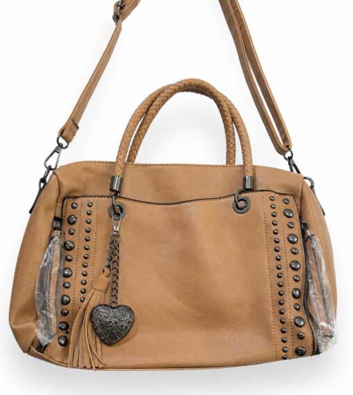 Boho Studded Brown Faux Leather Satchel Bag with Heart Charm and Tassel