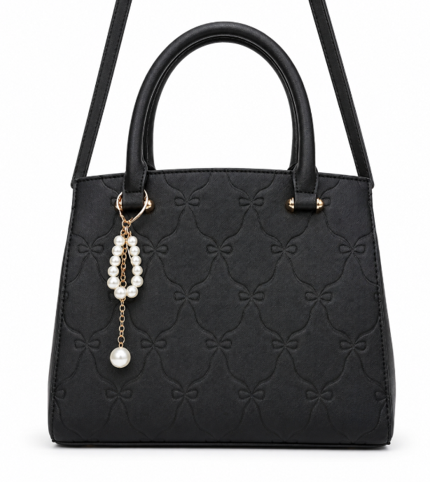 Elegant Black Embossed Bow Satchel Bag with Faux Pearl Charm