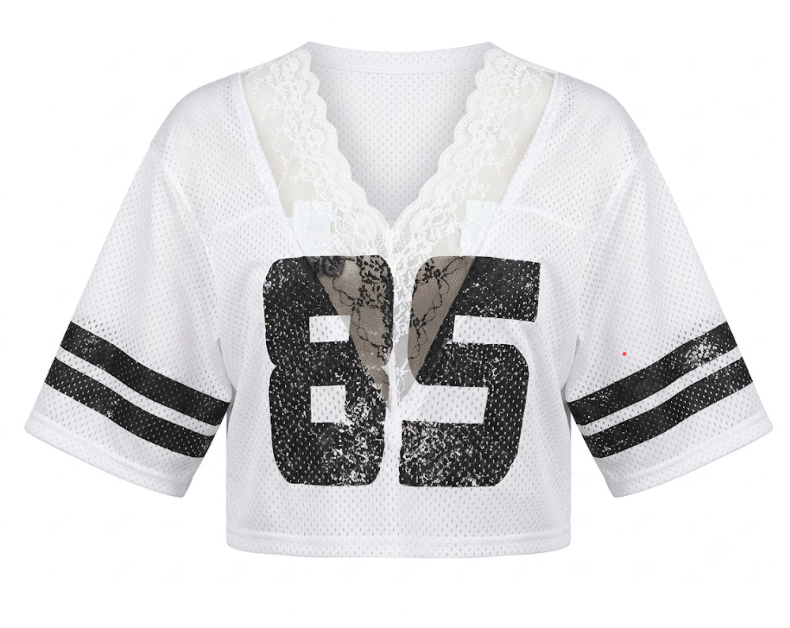 Women's V-Neck Mesh Jersey Crop Top with Lace Trim - Size Small