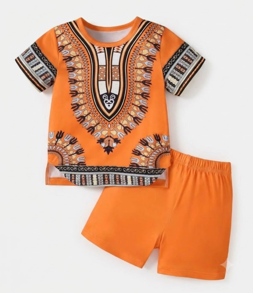 Kids 2-Piece Vibrant Dashiki Print Summer Short Set – Orange Tribal Pattern Tee & Shorts Outfits