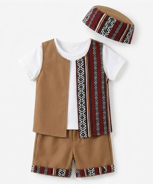 Boys 4-Piece Traditional Style Vest & Shorts Set – Khaki Geometric Pattern Outfit with Matching Cap
