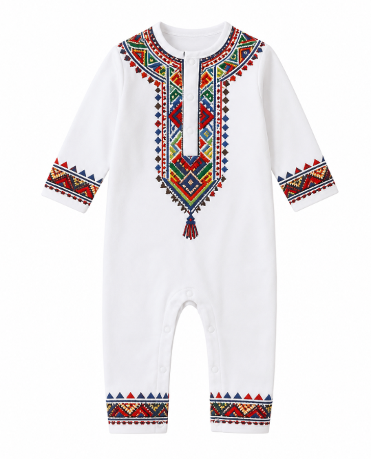 Infant Boy/Girl Ethnic Dashiki Style Romper – Vibrant Geometric Print White Long Sleeve Jumpsuit