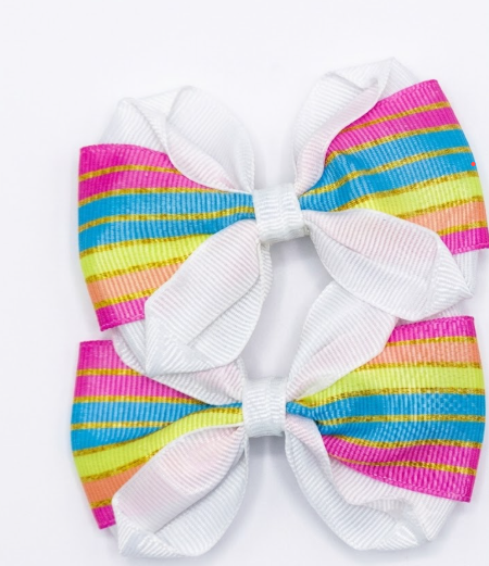 Rainbow Striped Grosgrain Hair Bow with Gold Sparkle & White Accent