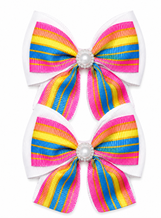 Colorful Ribbon Bow Hair Clips with Pearl Center (Set of 2)