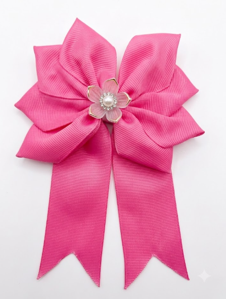 Pink Floral Pearl & Rhinestone Bow – Grosgrain Long Ribbon Hair Clip