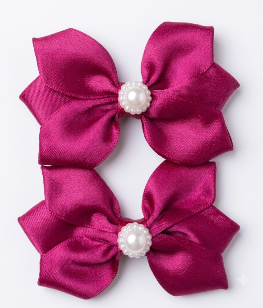 Berry Pink Satin Hair Bows with Faux Pearl & Rhinestone Center