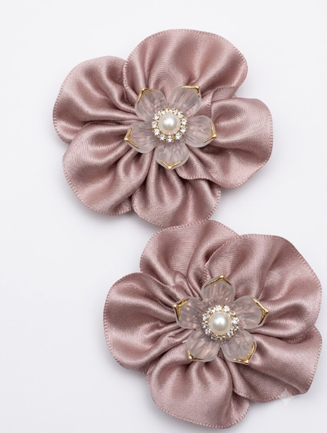 Dusty Rose Ribbon Flower Hair Clips with Pearl & Rhinestone Center (Set of 2)