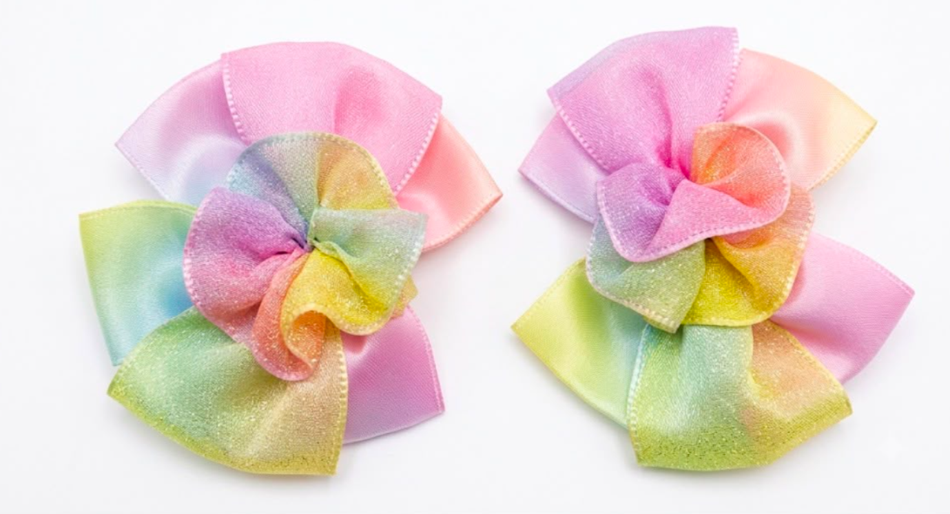 Pastel Rainbow Glitter Hair Bows – Shimmer Flower Clips for Girls & Toddlers (Set of 2)