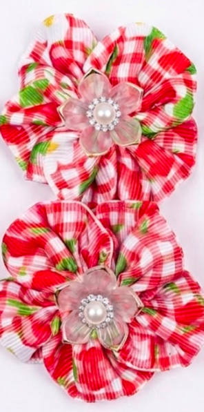 Handmade Red Gingham Flower Hair Clip Set – Strawberry Print Floral Bows