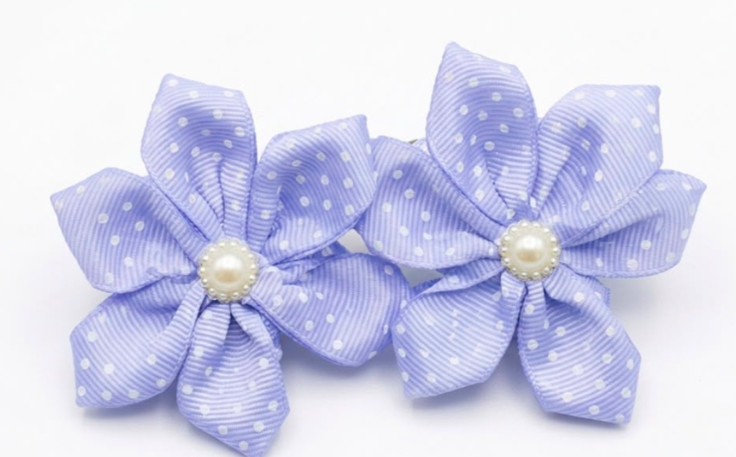 Handmade Lilac Polka Dot Flower Hair Clip Set – Pastel Ribbon Bows with Pearl Center (Pair)