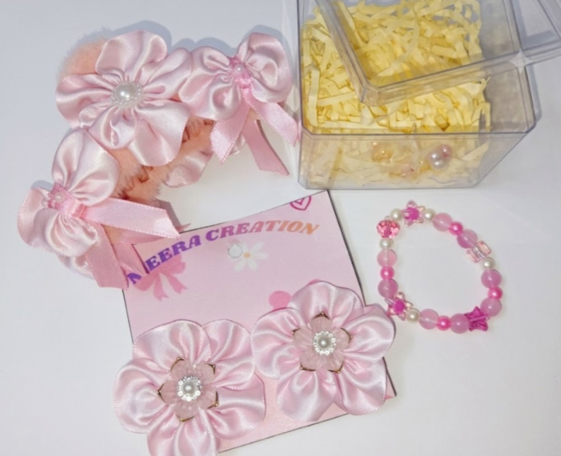 Handmade Pink Ribbon Flower Hair Clips & Bracelet Set