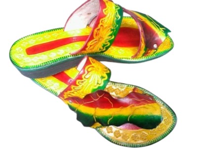Artisanal Hand-Painted Red, Yellow & Green Leather Slides